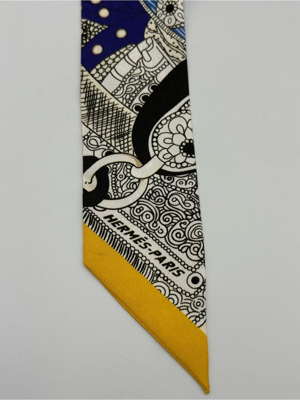 Hermès Twilly Navy Black White Yellow Equestrian Patchwork Scarf Ribbon - Picture 4 of 6